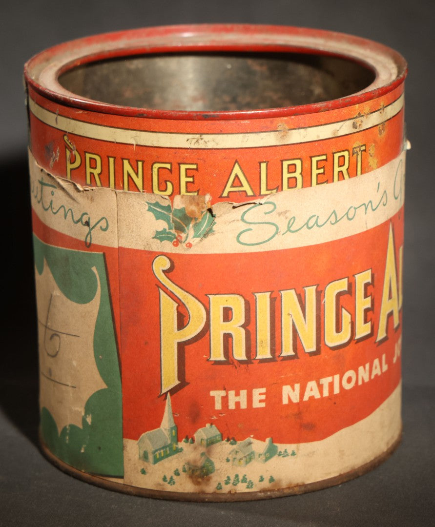 Vintage Prince Albert "the National Joy Smoke" Christmas Tobacco Tin with Santa Claus, Snowy Village, Holly, and "Season's Greetings" Gift Tag, Paper Label Over Tin, no Lid
