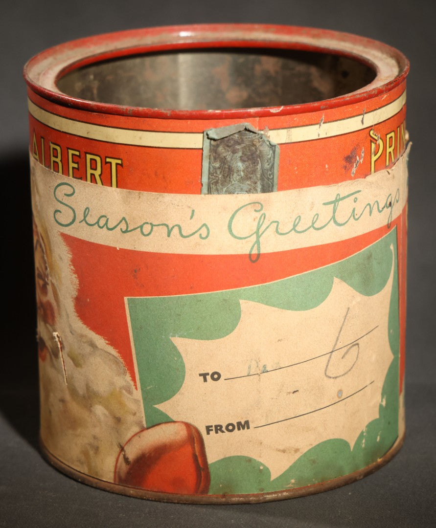 Vintage Prince Albert "the National Joy Smoke" Christmas Tobacco Tin with Santa Claus, Snowy Village, Holly, and "Season's Greetings" Gift Tag, Paper Label Over Tin, no Lid