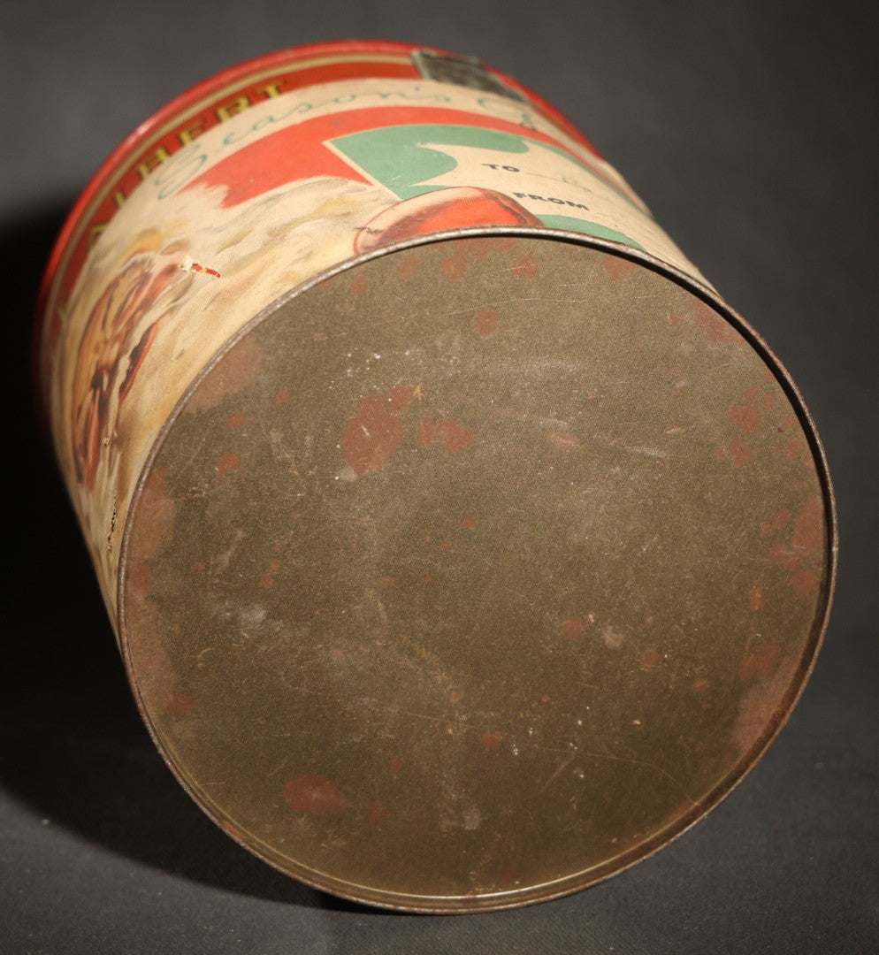 Vintage Prince Albert "the National Joy Smoke" Christmas Tobacco Tin with Santa Claus, Snowy Village, Holly, and "Season's Greetings" Gift Tag, Paper Label Over Tin, no Lid