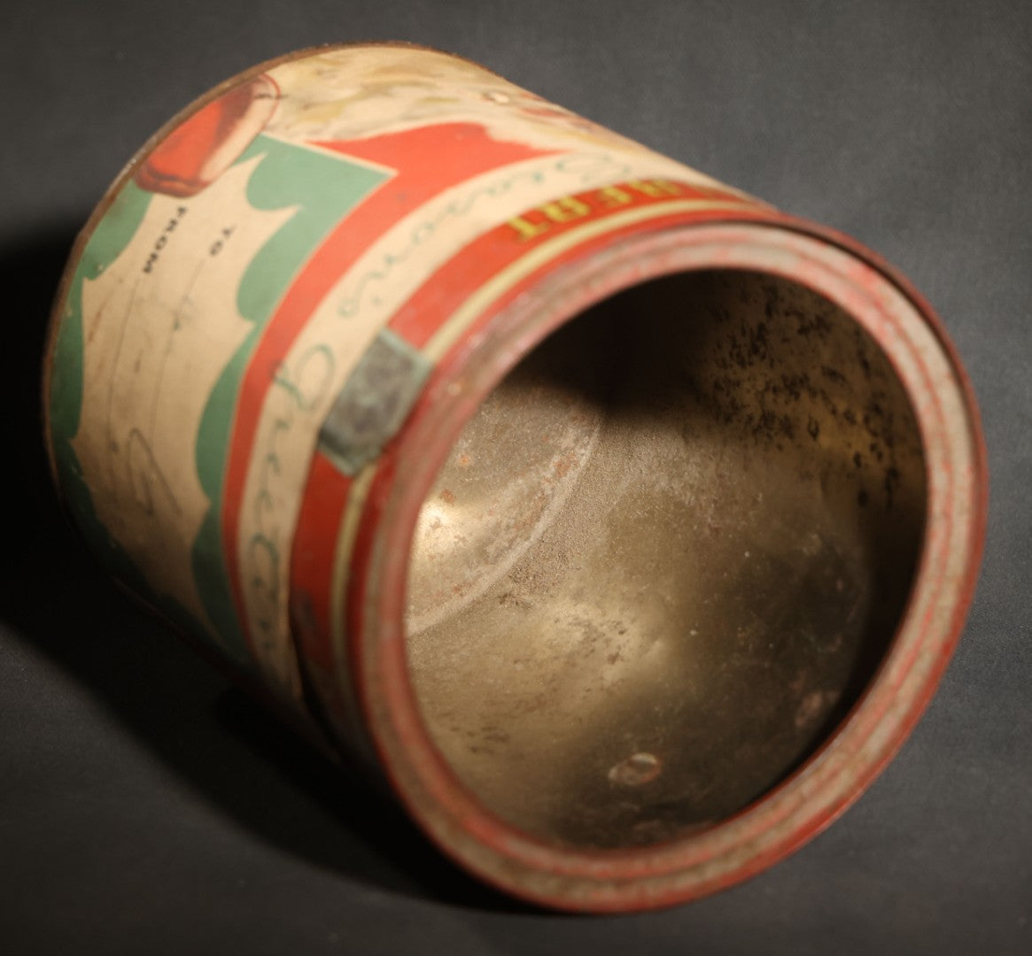 Vintage Prince Albert "the National Joy Smoke" Christmas Tobacco Tin with Santa Claus, Snowy Village, Holly, and "Season's Greetings" Gift Tag, Paper Label Over Tin, no Lid