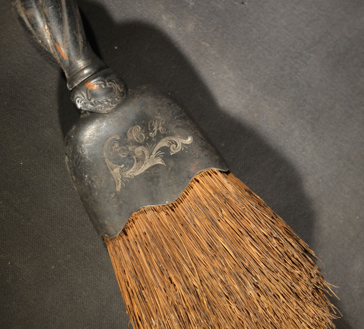 Antique Silver-Plated Whisk Brush with Engraved Scroll Design, Monogrammed E.C.M.