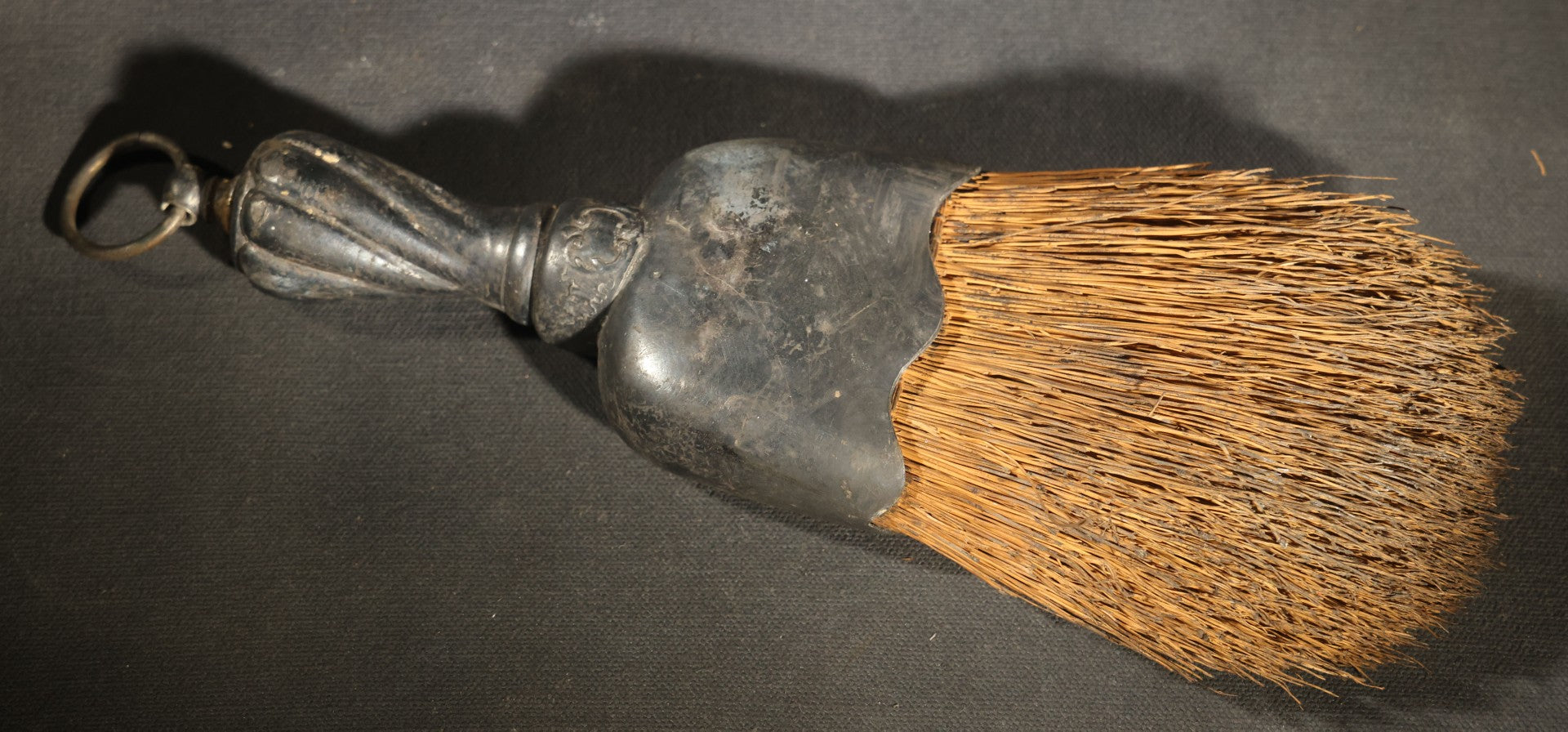 Antique Silver-Plated Whisk Brush with Engraved Scroll Design, Monogrammed E.C.M.