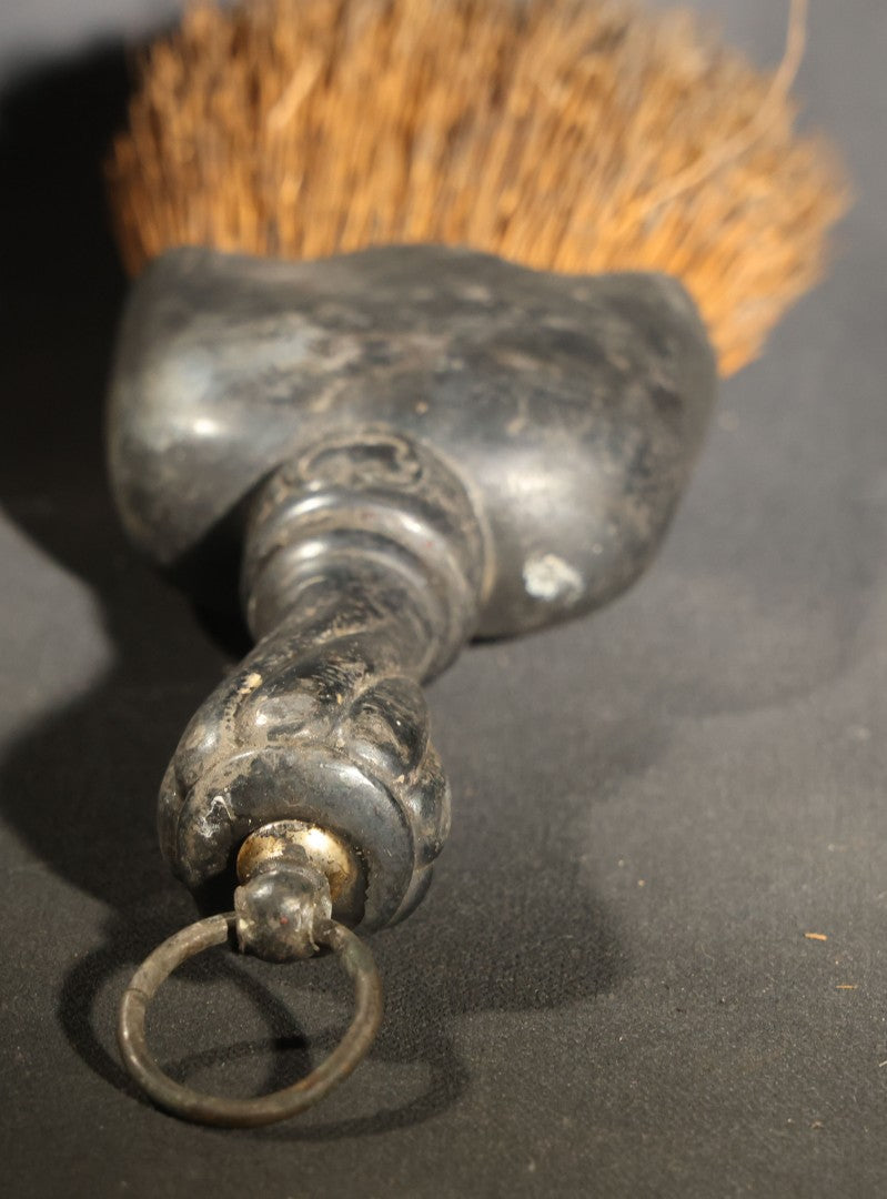 Antique Silver-Plated Whisk Brush with Engraved Scroll Design, Monogrammed E.C.M.