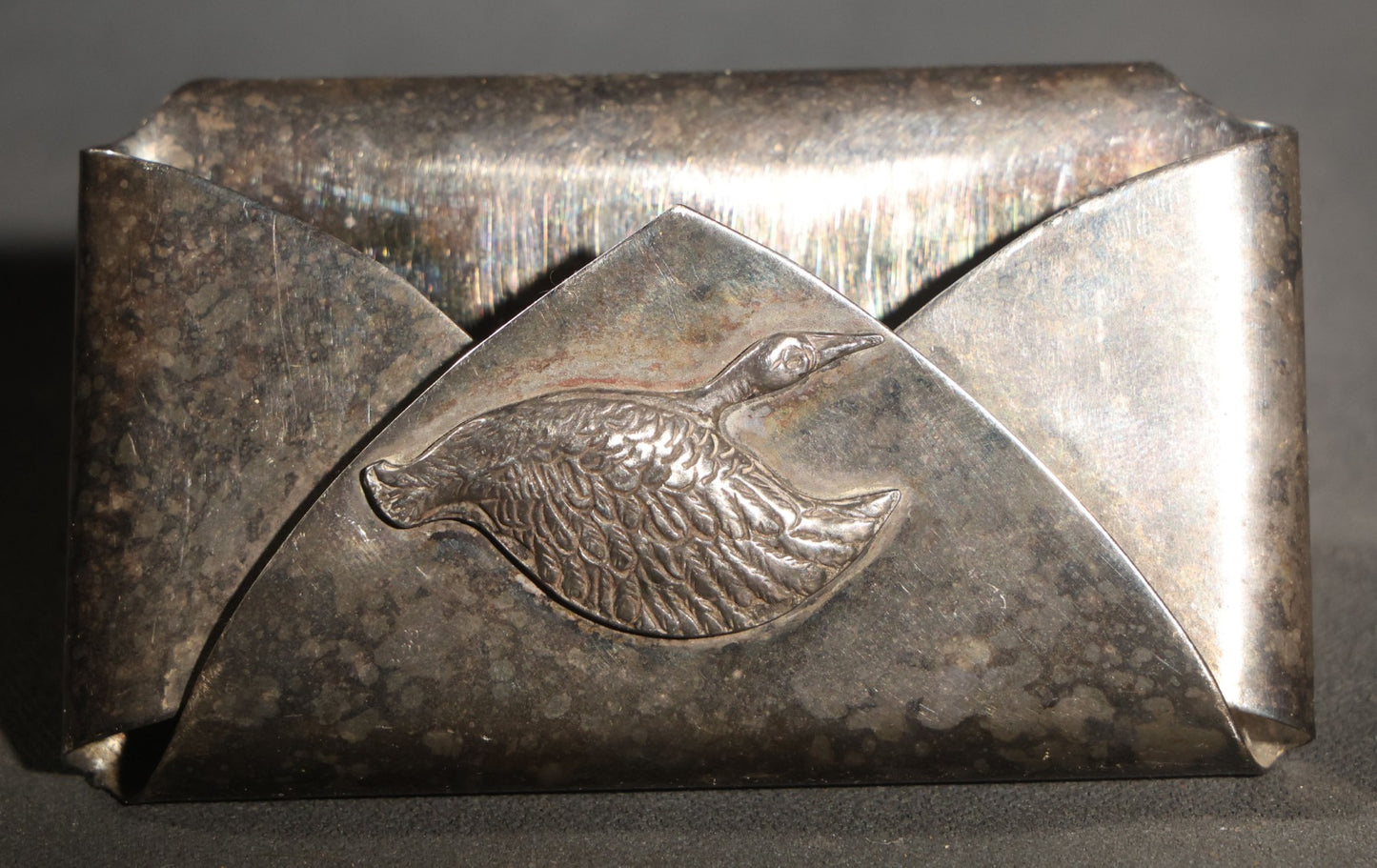 Vintage Silver-Plated Business Card Holder with Duck in Flight Motif