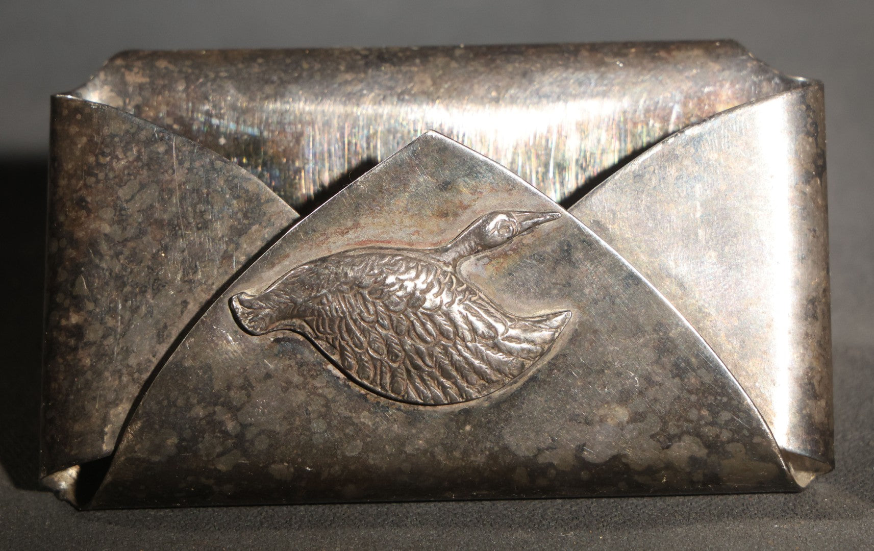 Vintage Silver-Plated Business Card Holder with Duck in Flight Motif