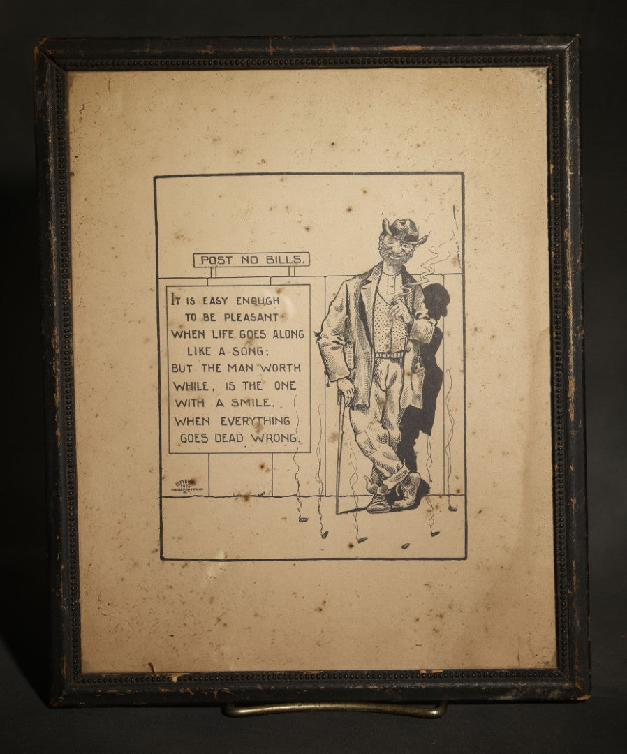 Antique Framed Print, "Post no Bills" Smiling Tramp Cartoon with Verse, Copyright 1903 by the Ullman Mfg. Co., New York