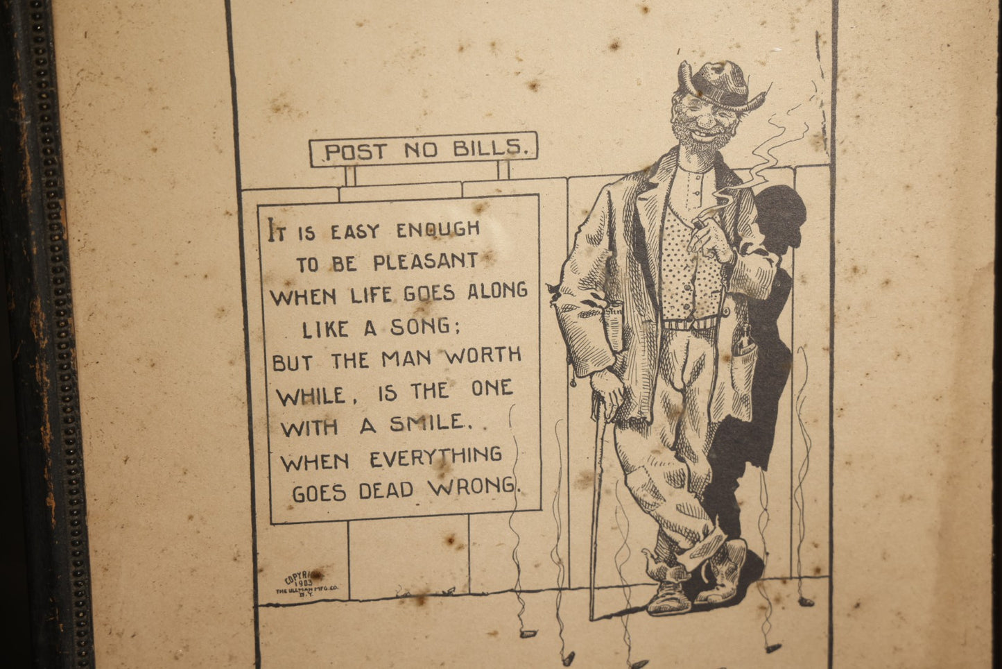 Antique Framed Print, "Post no Bills" Smiling Tramp Cartoon with Verse, Copyright 1903 by the Ullman Mfg. Co., New York