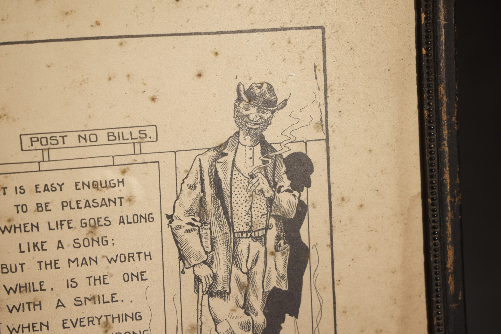 Antique Framed Print, "Post no Bills" Smiling Tramp Cartoon with Verse, Copyright 1903 by the Ullman Mfg. Co., New York