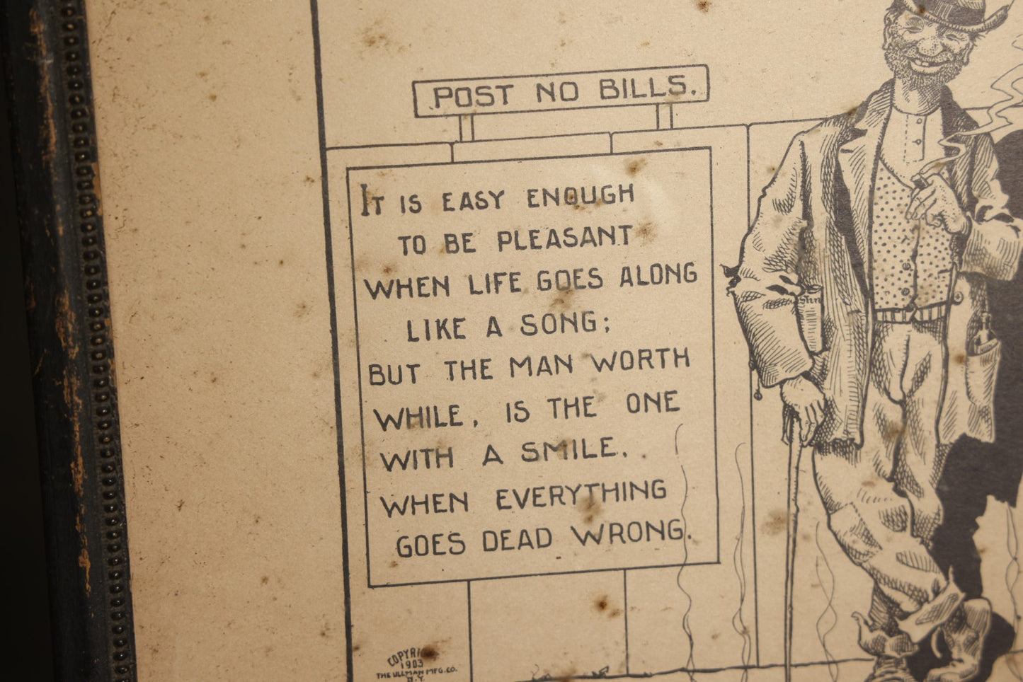Antique Framed Print, "Post no Bills" Smiling Tramp Cartoon with Verse, Copyright 1903 by the Ullman Mfg. Co., New York