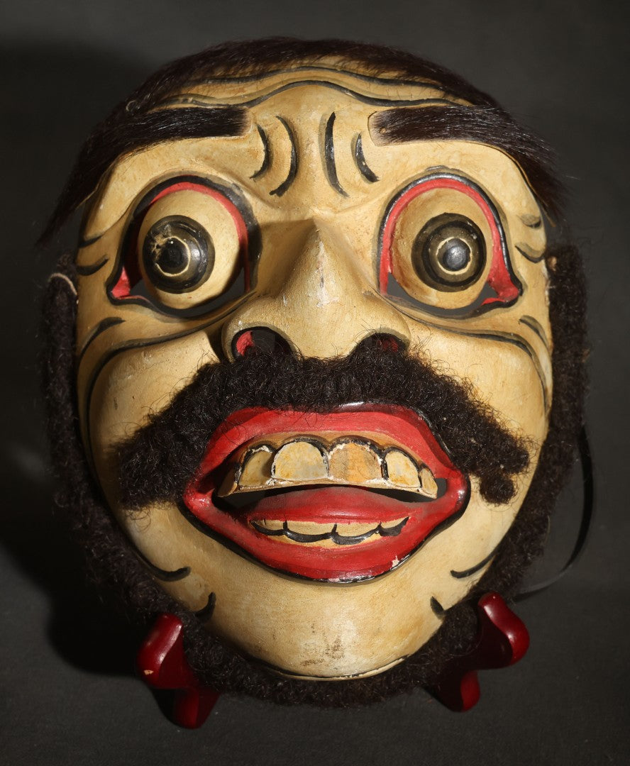 Vintage Carved and Painted Balinese Topeng-Style Wood Mask with Bulging Eyes, Mustache, Hair, and Red Earrings