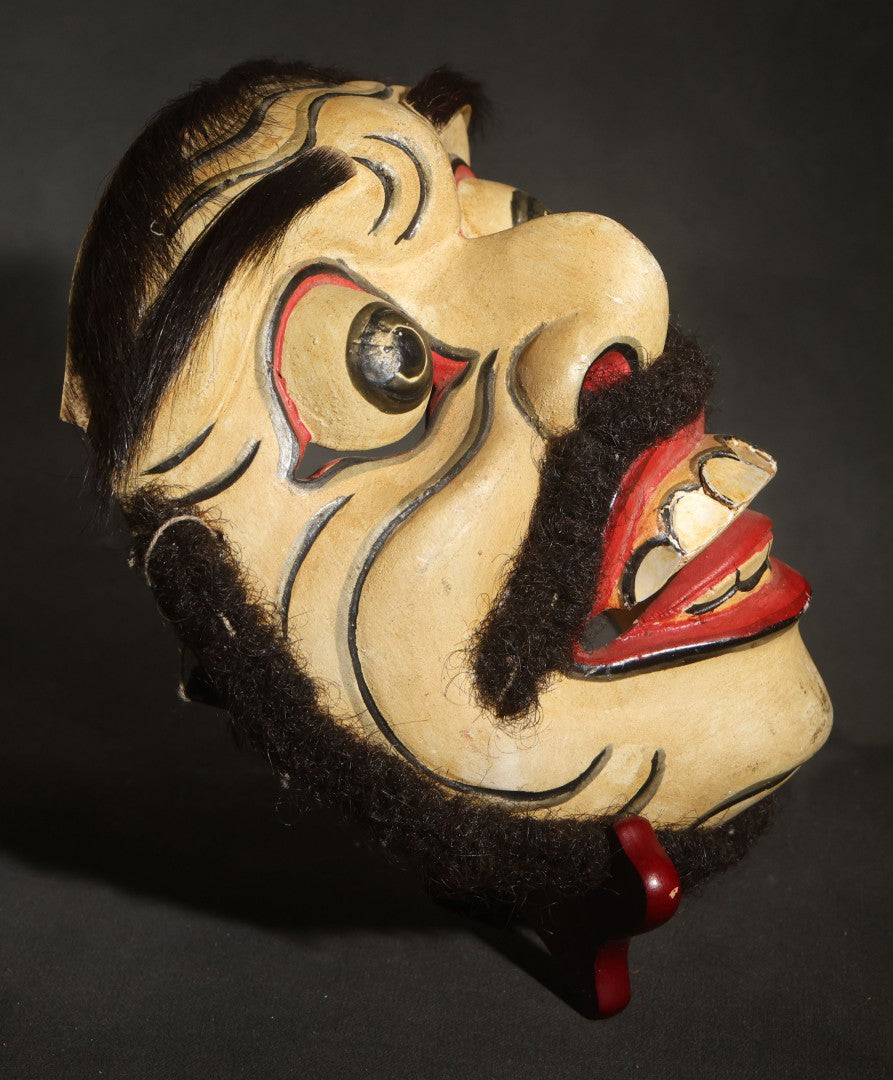 Vintage Carved and Painted Balinese Topeng-Style Wood Mask with Bulging Eyes, Mustache, Hair, and Red Earrings