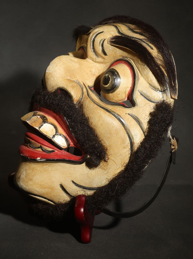 Vintage Carved and Painted Balinese Topeng-Style Wood Mask with Bulging Eyes, Mustache, Hair, and Red Earrings