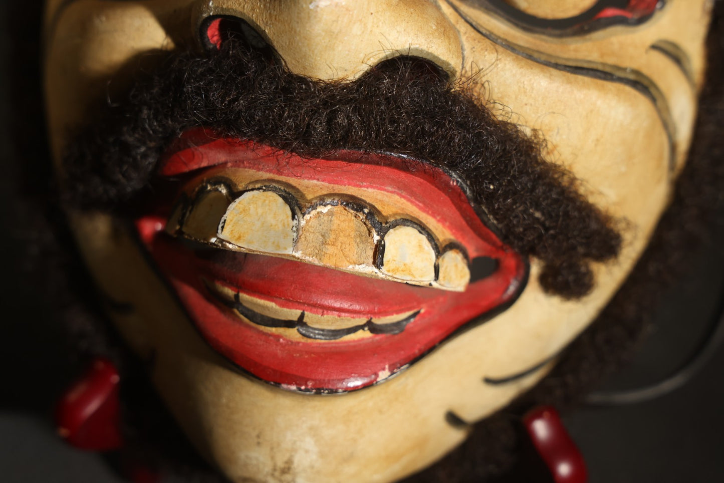Vintage Carved and Painted Balinese Topeng-Style Wood Mask with Bulging Eyes, Mustache, Hair, and Red Earrings