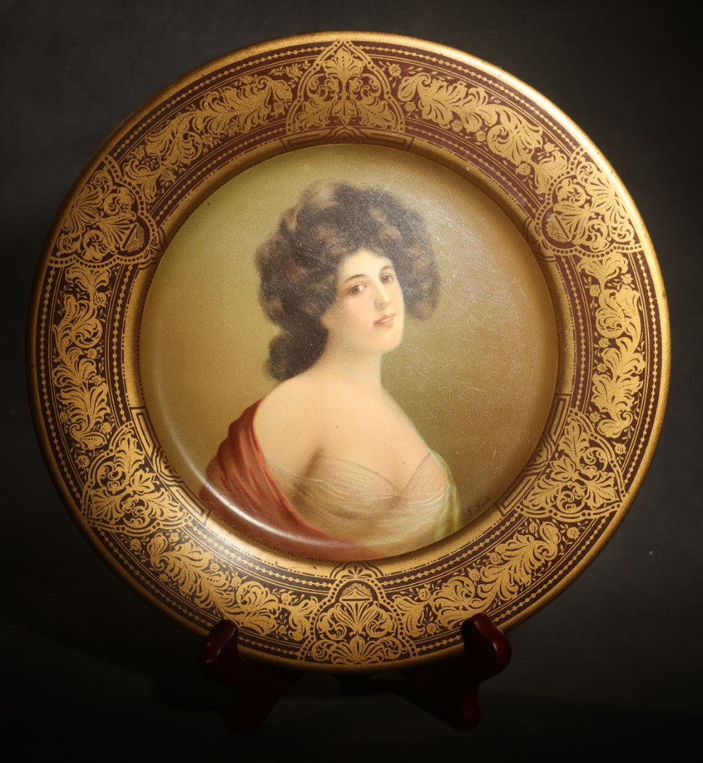 Antique Vienna Art Plates Tin Lithograph Portrait Plate, Young Woman in a Red Drape, Gilt Arabesque Border, Patented February 21, 1905