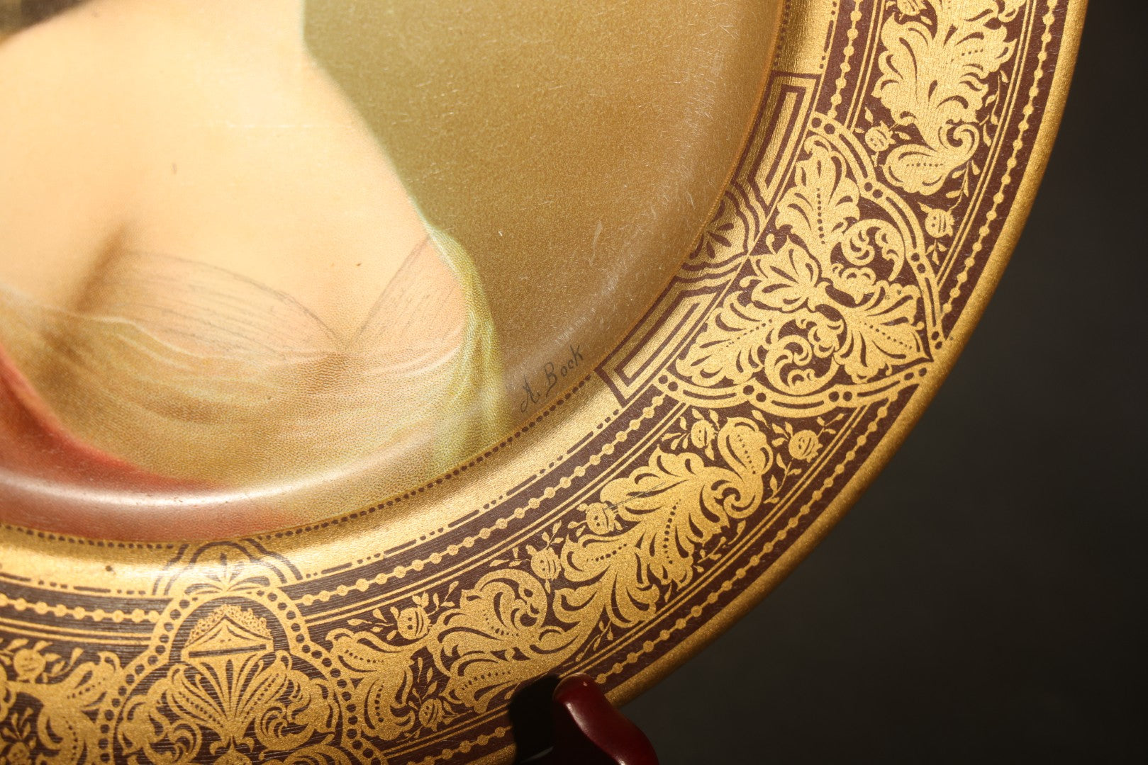 Antique Vienna Art Plates Tin Lithograph Portrait Plate, Young Woman in a Red Drape, Gilt Arabesque Border, Patented February 21, 1905