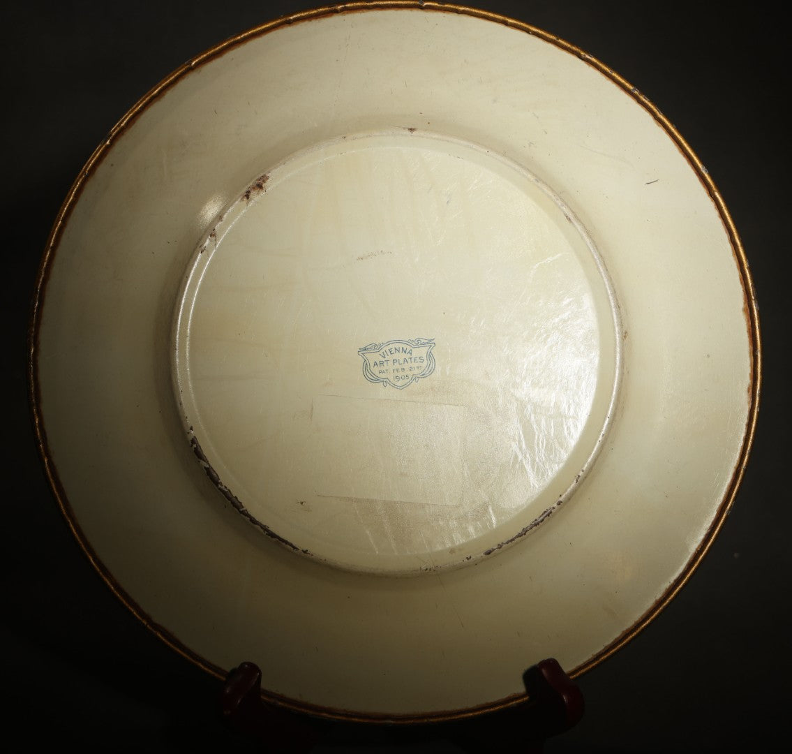 Antique Vienna Art Plates Tin Lithograph Portrait Plate, Young Woman in a Red Drape, Gilt Arabesque Border, Patented February 21, 1905