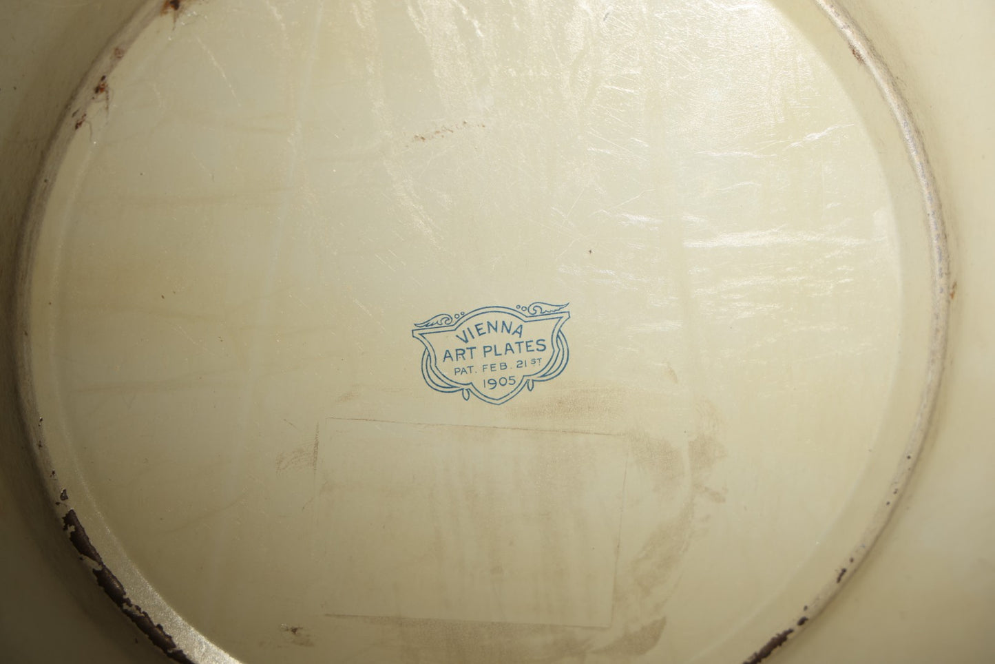 Antique Vienna Art Plates Tin Lithograph Portrait Plate, Young Woman in a Red Drape, Gilt Arabesque Border, Patented February 21, 1905