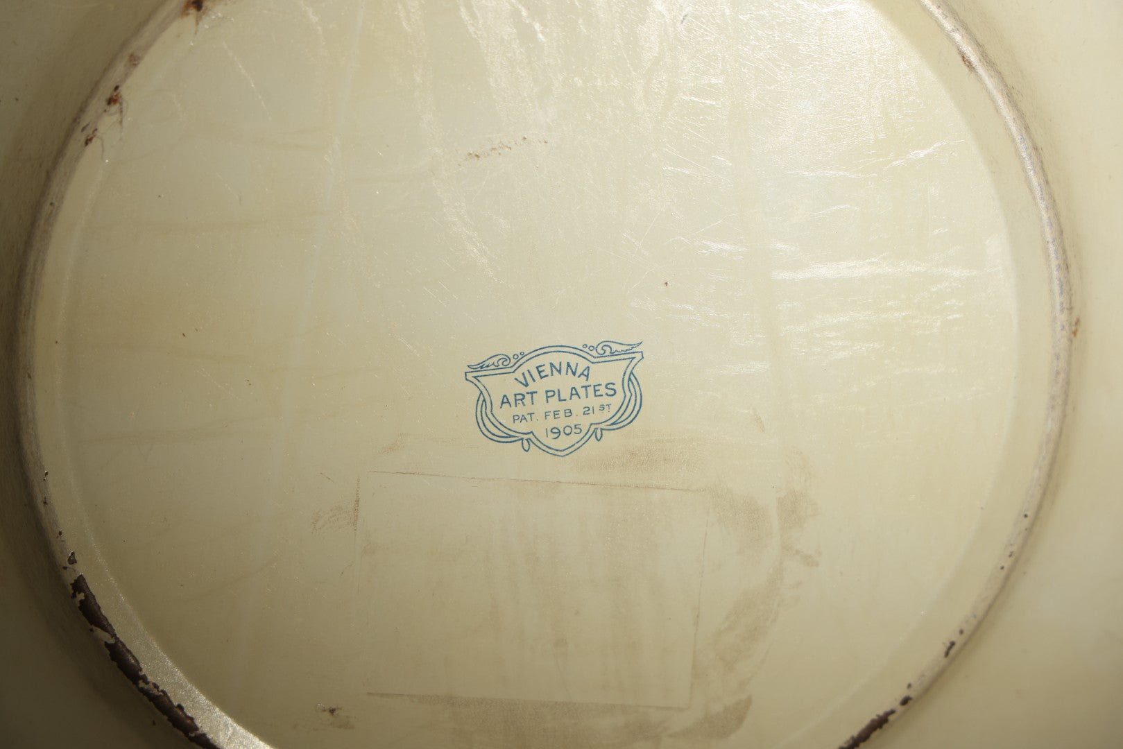 Antique Vienna Art Plates Tin Lithograph Portrait Plate, Young Woman in a Red Drape, Gilt Arabesque Border, Patented February 21, 1905