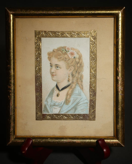 Antique Small Framed Chromolithograph Print, Portrait of a Young Woman in a Blue Dress with Flowers in Her Hair, Black Choker Necklace, and Drop Earrings