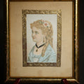 Lot 083 - Antique Small Framed Chromolithograph Print, Portrait of a Young Woman in a Blue Dress with Flowers in Her Hair, Black Choker Necklace, and Drop Earrings, 5-5/8" L x 6-1/2" H