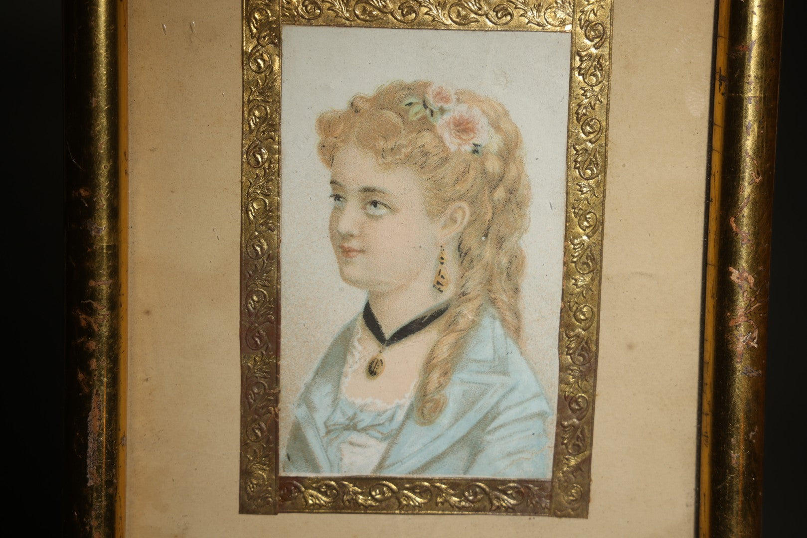 Antique Small Framed Chromolithograph Print, Portrait of a Young Woman in a Blue Dress with Flowers in Her Hair, Black Choker Necklace, and Drop Earrings