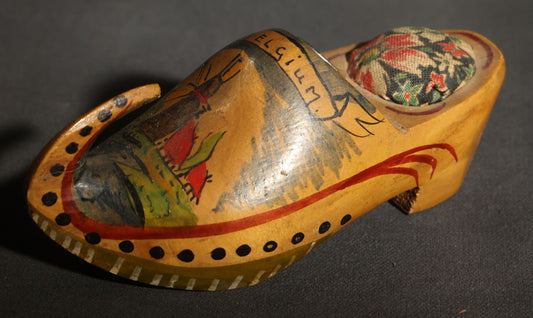 Vintage Hand-Painted Wooden Clog Pincushion with Thimble, Marked "Belgium," Windmill Motif