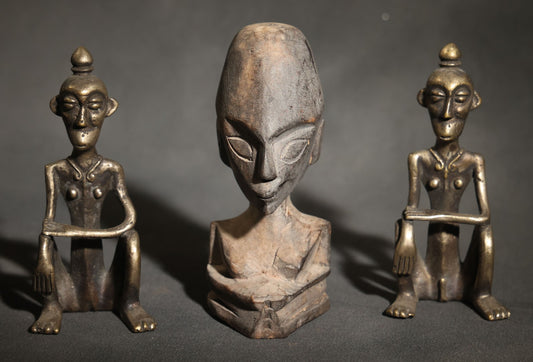 Trio of Vintage African-Style Metal and Wood Figures Including Two Seated Metal Figures and One Carved Wood Bust