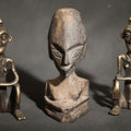 Lot 141 - Trio of Vintage African-Style Metal and Wood Figures Including Two Seated Metal Figures and One Carved Wood Bust