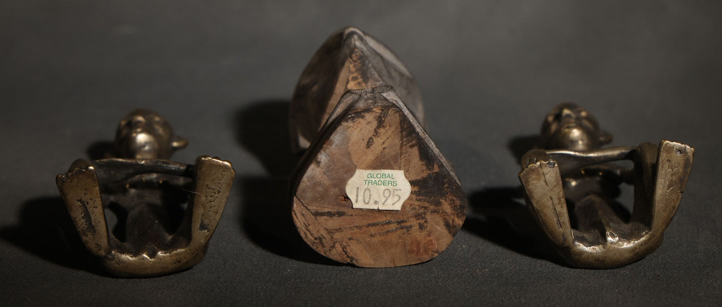 Trio of Vintage African-Style Metal and Wood Figures Including Two Seated Metal Figures and One Carved Wood Bust