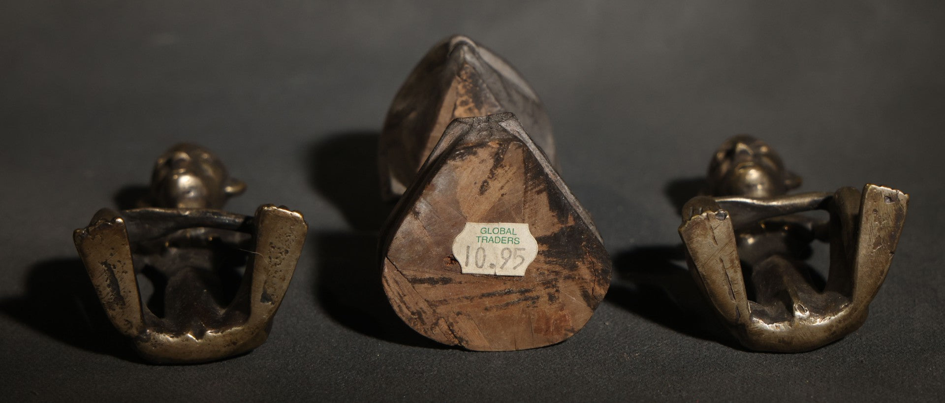 Trio of Vintage African-Style Metal and Wood Figures Including Two Seated Metal Figures and One Carved Wood Bust