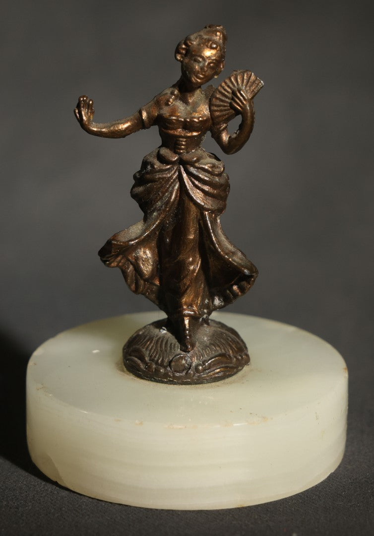 Vintage Miniature Metal Figure of a Fan Dancer on Round Alabaster Base