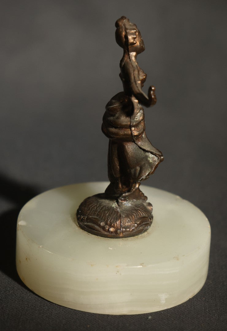 Vintage Miniature Metal Figure of a Fan Dancer on Round Alabaster Base