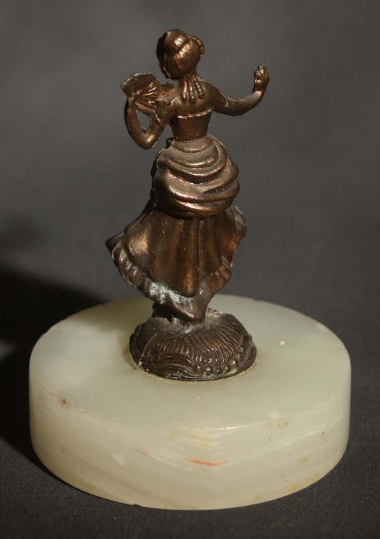 Vintage Miniature Metal Figure of a Fan Dancer on Round Alabaster Base