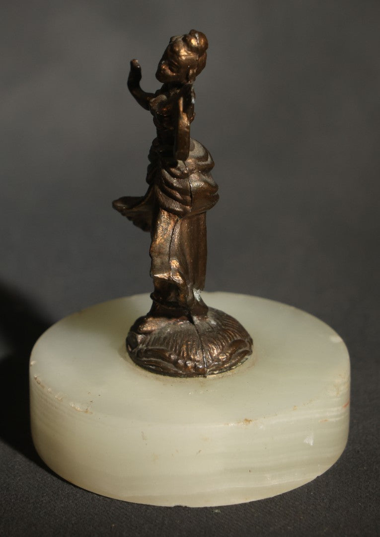 Vintage Miniature Metal Figure of a Fan Dancer on Round Alabaster Base