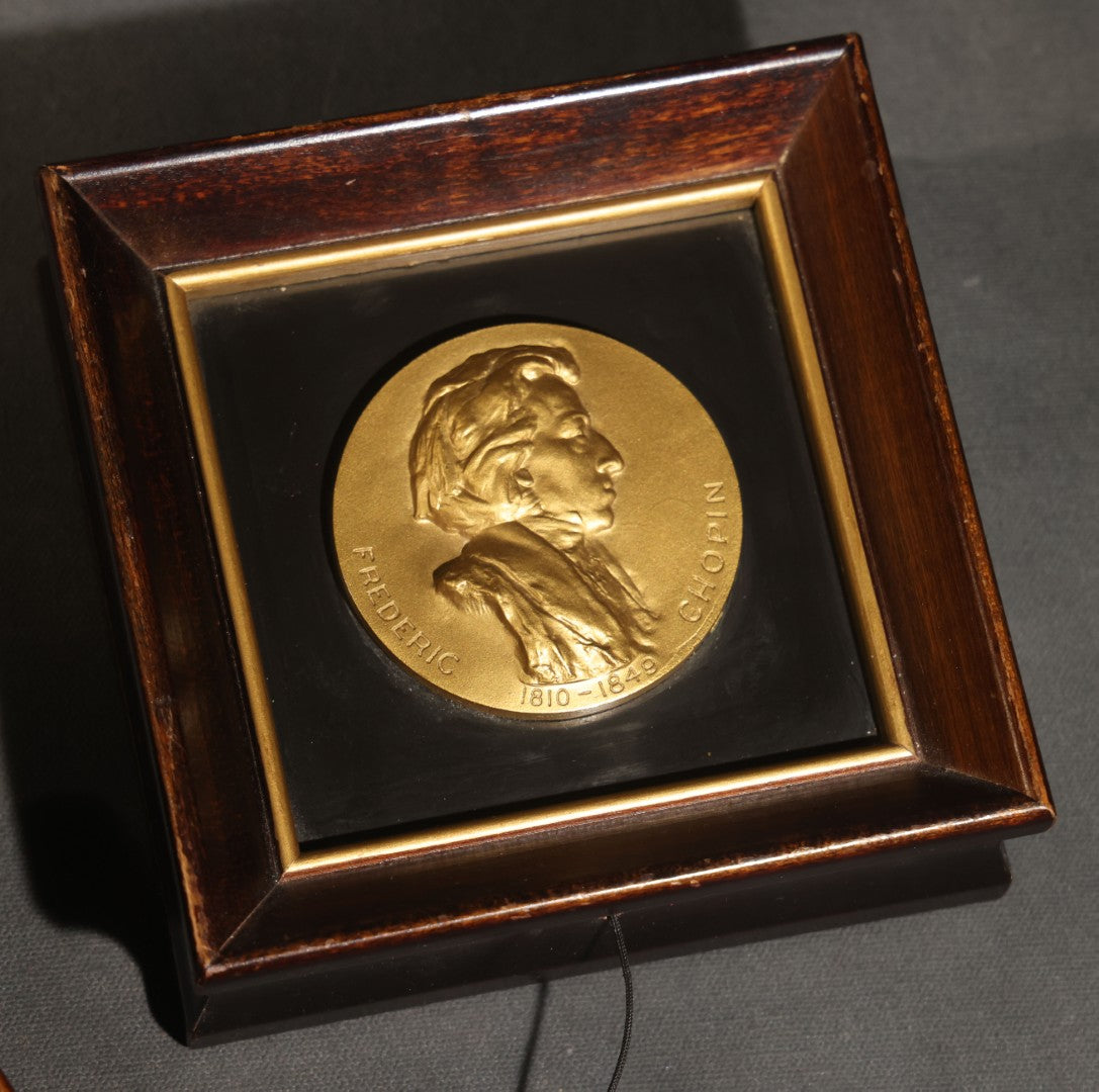 Pair of Vintage Music Masters Musical Wall Plaques with Thorens Movements, Johann Strauss "Emperor Waltz" and Frederic Chopin "Till the End of Time," Made in Switzerland, Inscribed and Dated 1949