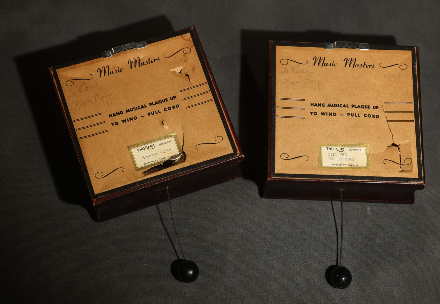 Pair of Vintage Music Masters Musical Wall Plaques with Thorens Movements, Johann Strauss "Emperor Waltz" and Frederic Chopin "Till the End of Time," Made in Switzerland, Inscribed and Dated 1949