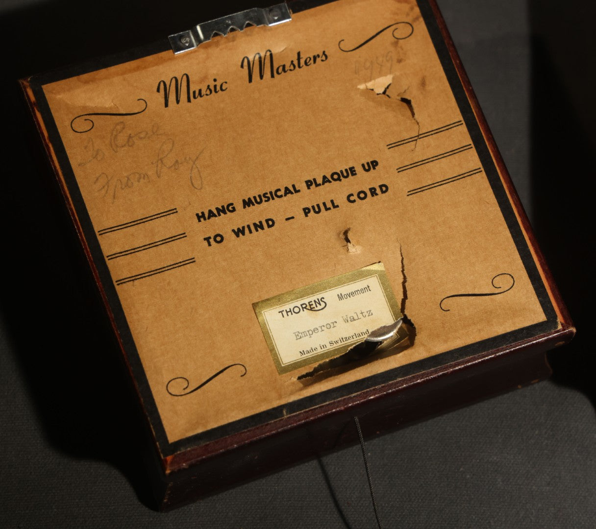 Pair of Vintage Music Masters Musical Wall Plaques with Thorens Movements, Johann Strauss "Emperor Waltz" and Frederic Chopin "Till the End of Time," Made in Switzerland, Inscribed and Dated 1949