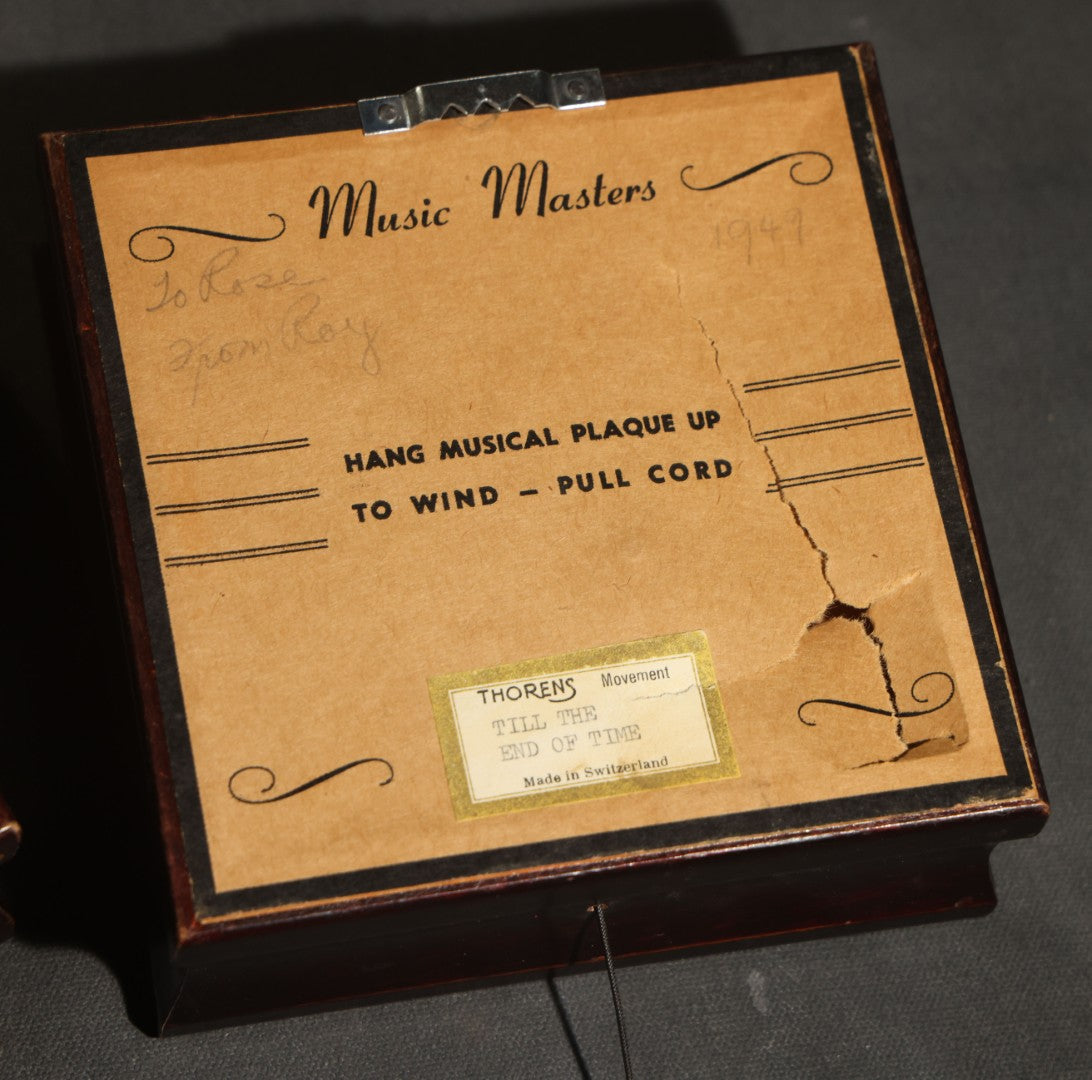 Pair of Vintage Music Masters Musical Wall Plaques with Thorens Movements, Johann Strauss "Emperor Waltz" and Frederic Chopin "Till the End of Time," Made in Switzerland, Inscribed and Dated 1949