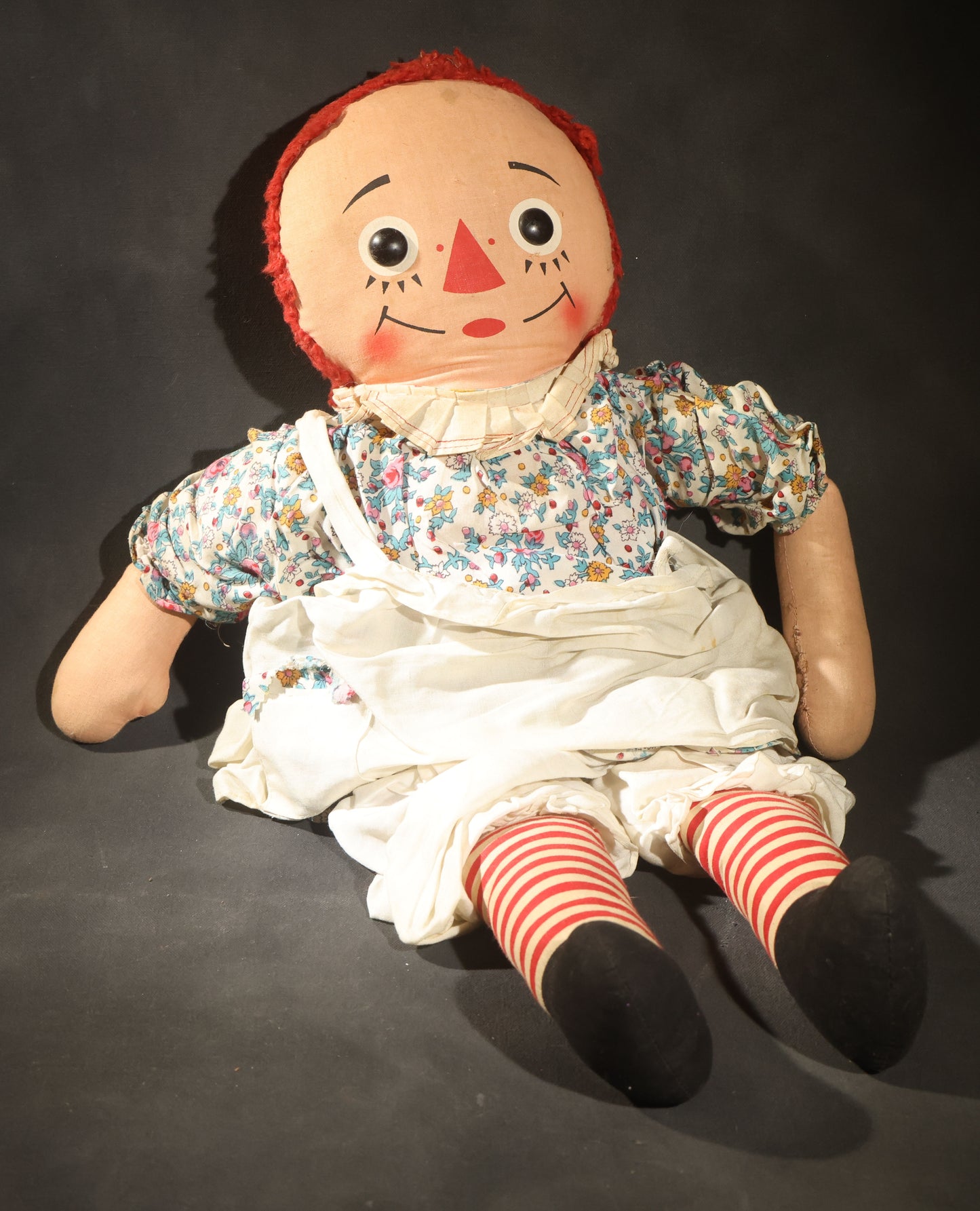 Grouping of Five Vintage Raggedy Ann and Andy Items Including Two Cloth Dolls, 24" L Each, and Three 1970s Plastic Wall Hangings by Dart Industries, Bobbs-Merrill Company Copyright