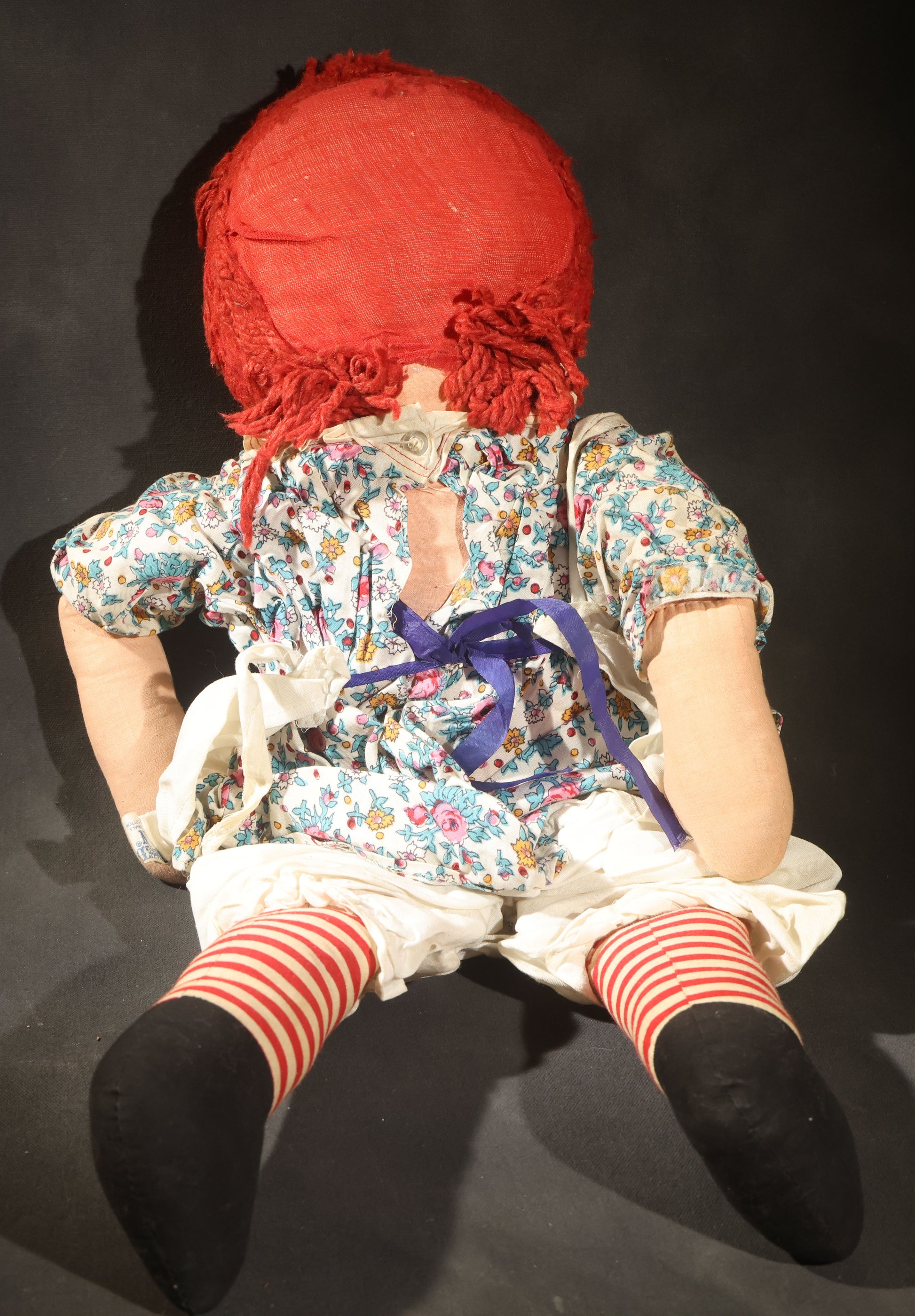 Grouping of Five Vintage Raggedy Ann and Andy Items Including Two Cloth Dolls, 24" L Each, and Three 1970s Plastic Wall Hangings by Dart Industries, Bobbs-Merrill Company Copyright