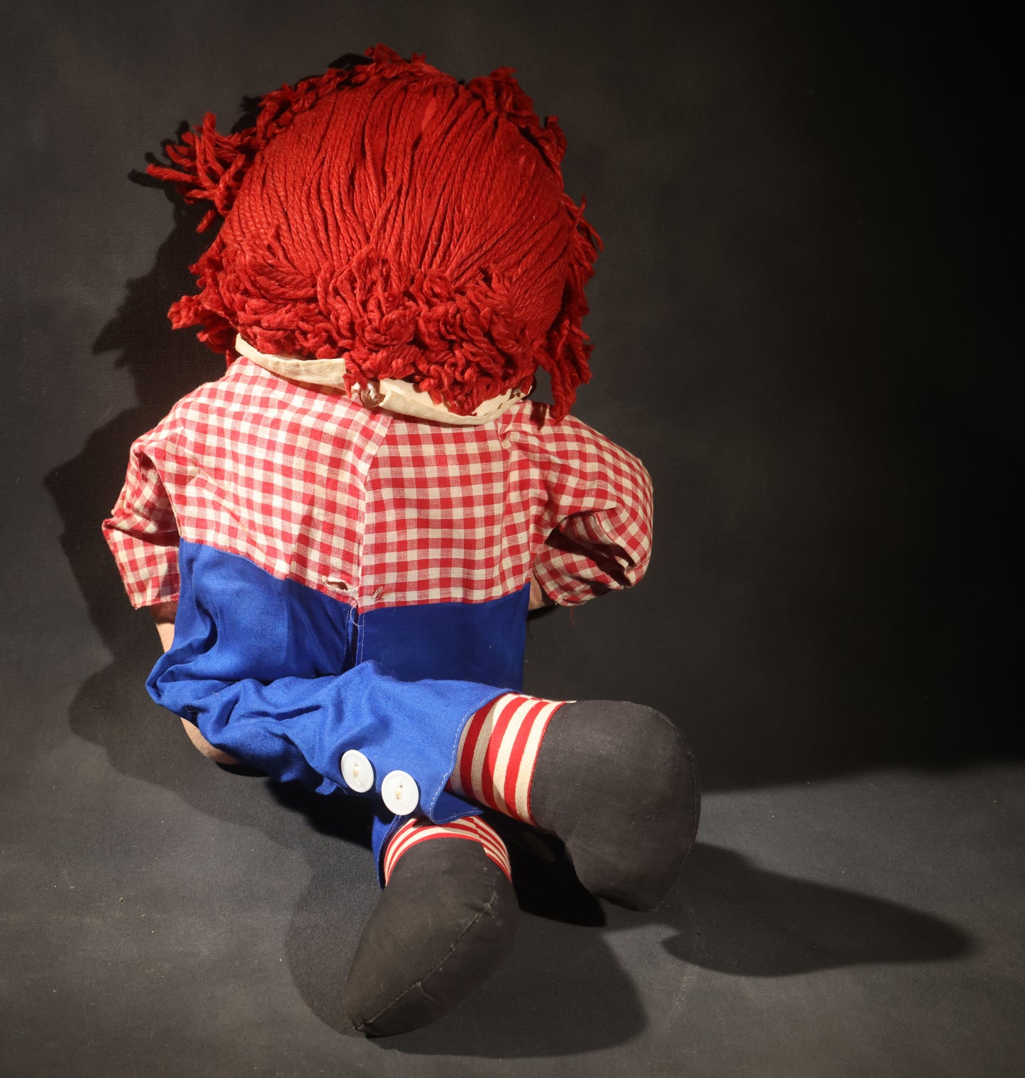 Grouping of Five Vintage Raggedy Ann and Andy Items Including Two Cloth Dolls, 24" L Each, and Three 1970s Plastic Wall Hangings by Dart Industries, Bobbs-Merrill Company Copyright