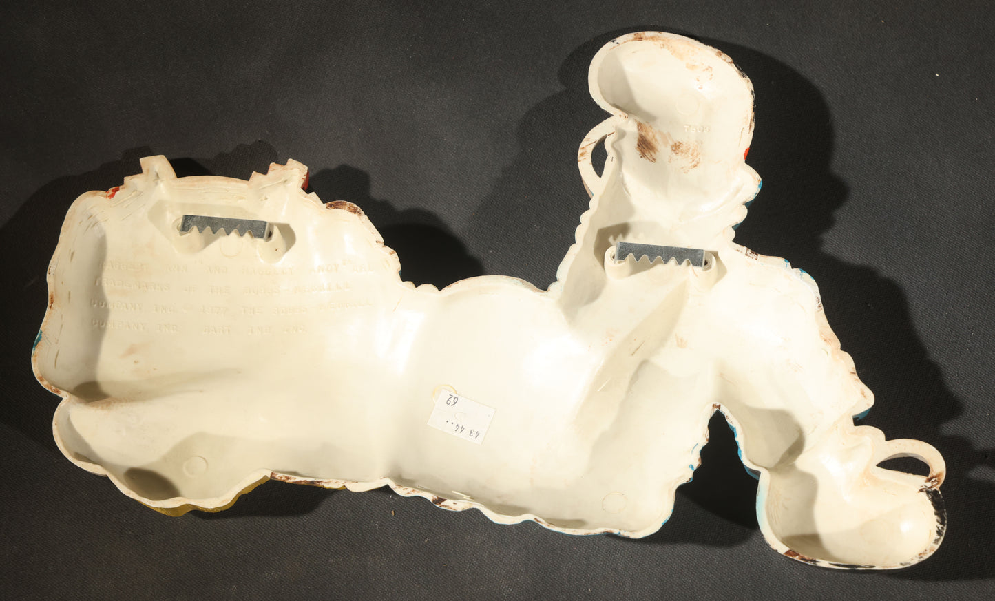 Grouping of Five Vintage Raggedy Ann and Andy Items Including Two Cloth Dolls, 24" L Each, and Three 1970s Plastic Wall Hangings by Dart Industries, Bobbs-Merrill Company Copyright