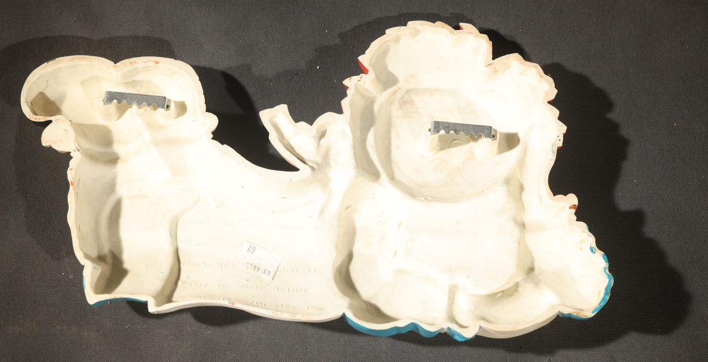 Grouping of Five Vintage Raggedy Ann and Andy Items Including Two Cloth Dolls, 24" L Each, and Three 1970s Plastic Wall Hangings by Dart Industries, Bobbs-Merrill Company Copyright