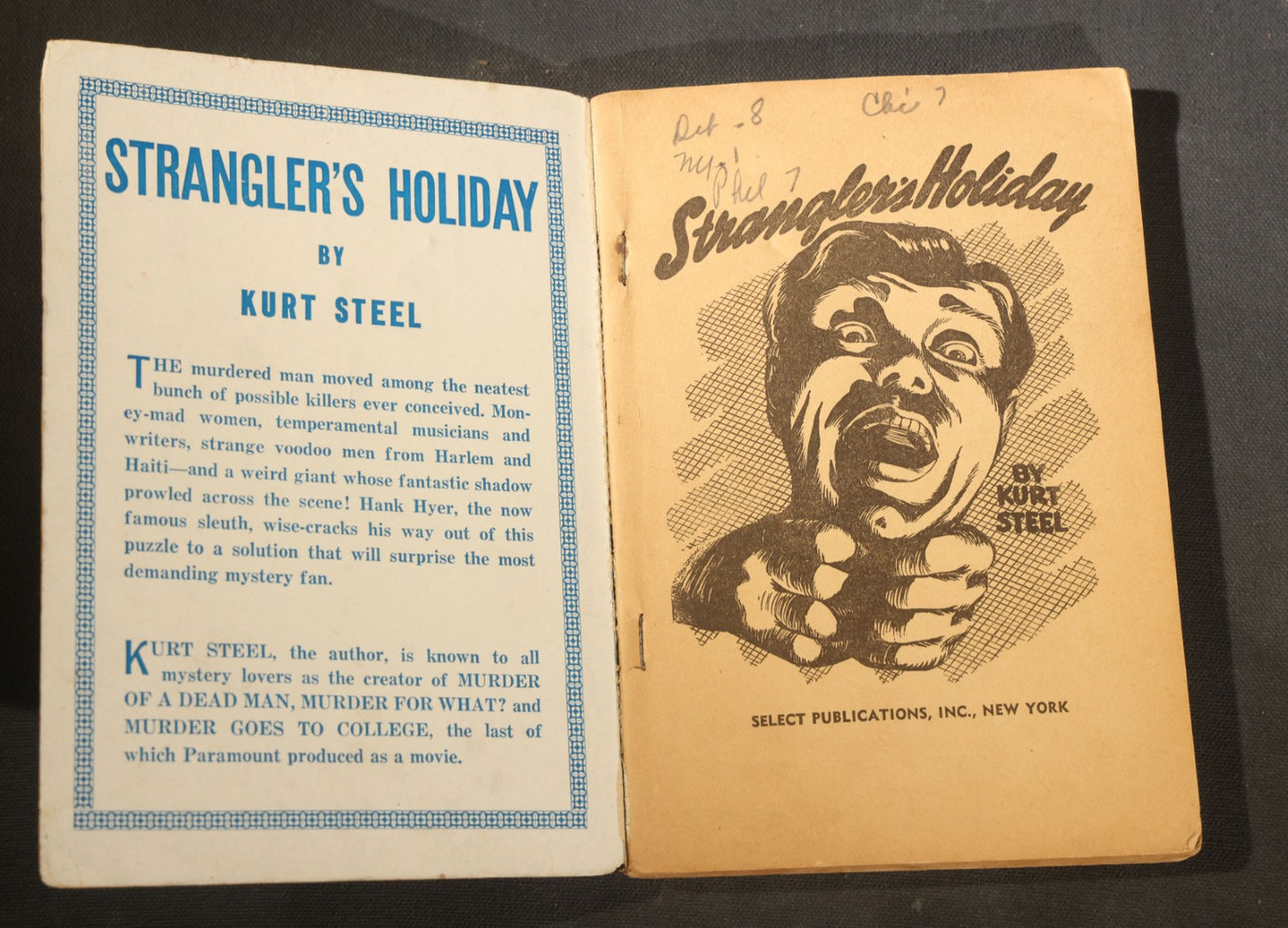 "Strangler's Holiday" Vintage Crime Novel Selection no. 25 Paperback by Kurt Steel, Published by Select Publications, Inc., New York, with Painted Cover Illustration of a Strangling Scene