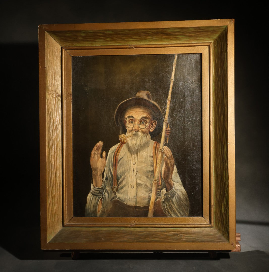 Antique Oil Painting on Canvas, Portrait of an Elderly Fisherman with Pole, Pipe, and Spectacles, Signed H.P.K. Hanson, 1912, Framed
