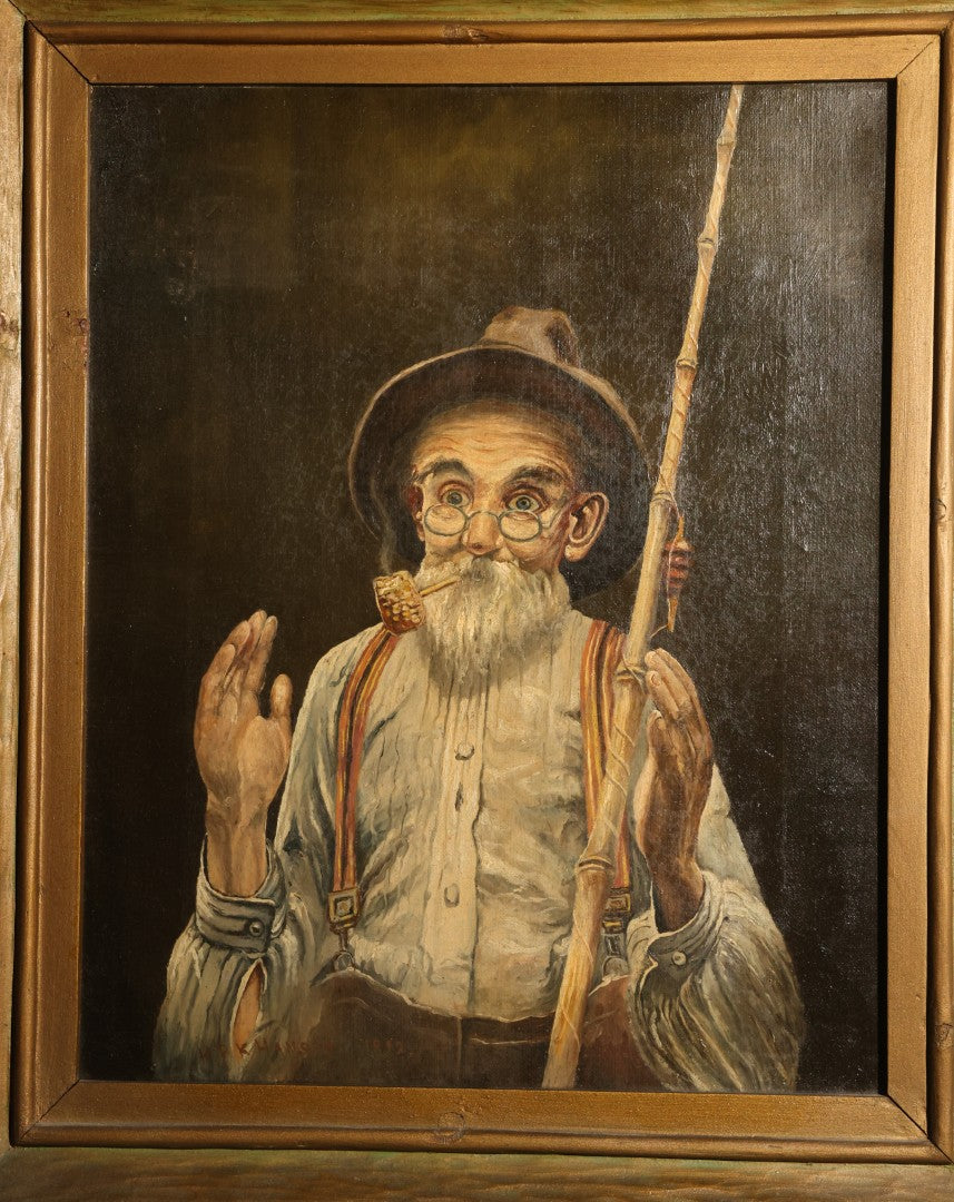 Antique Oil Painting on Canvas, Portrait of an Elderly Fisherman with Pole, Pipe, and Spectacles, Signed H.P.K. Hanson, 1912, Framed