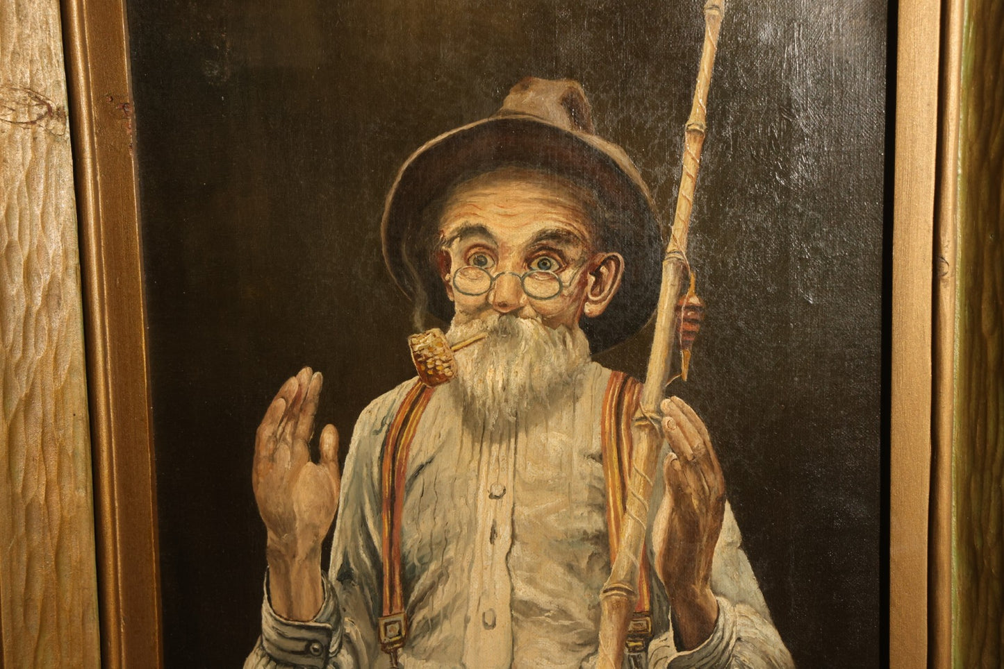 Antique Oil Painting on Canvas, Portrait of an Elderly Fisherman with Pole, Pipe, and Spectacles, Signed H.P.K. Hanson, 1912, Framed