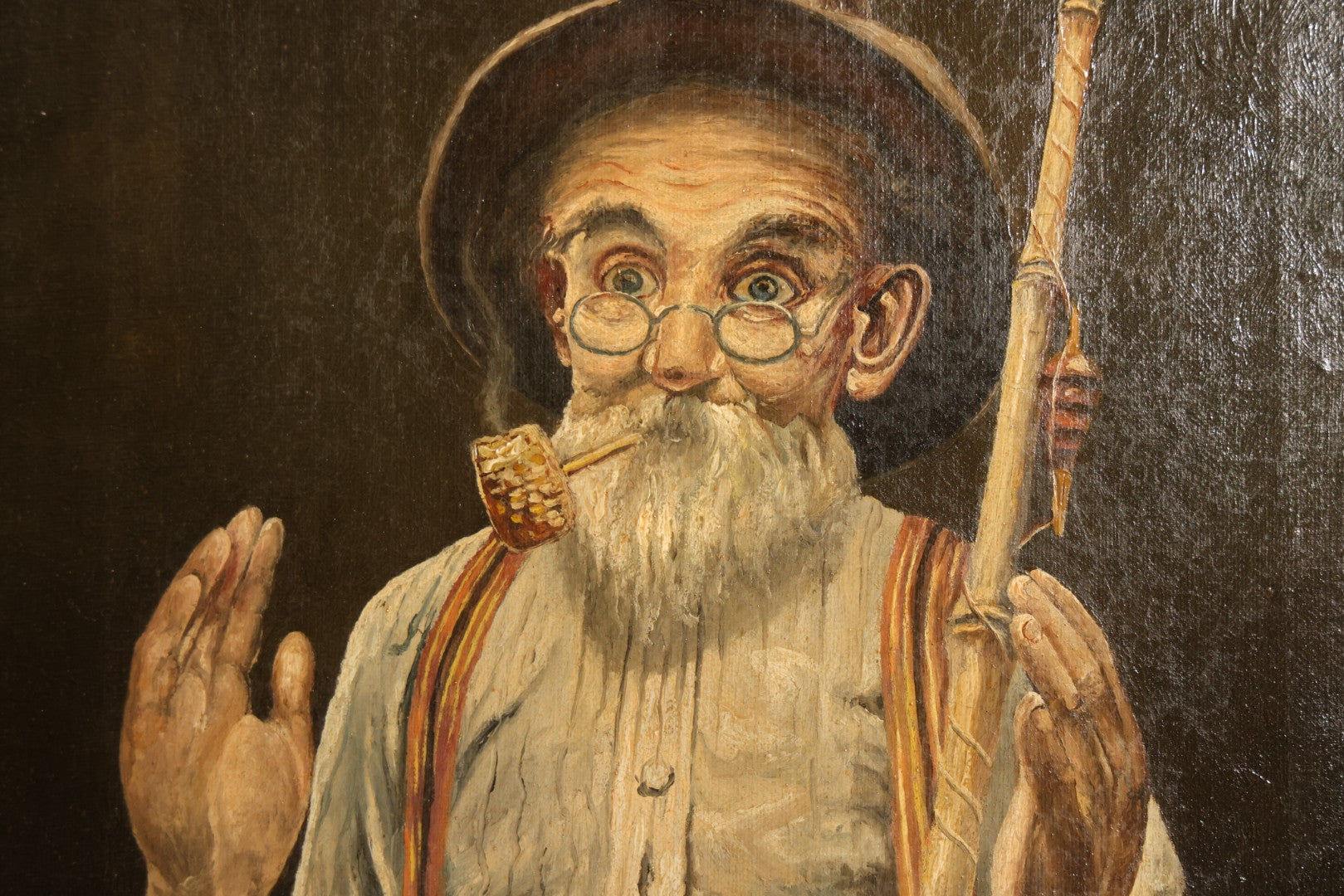 Antique Oil Painting on Canvas, Portrait of an Elderly Fisherman with Pole, Pipe, and Spectacles, Signed H.P.K. Hanson, 1912, Framed