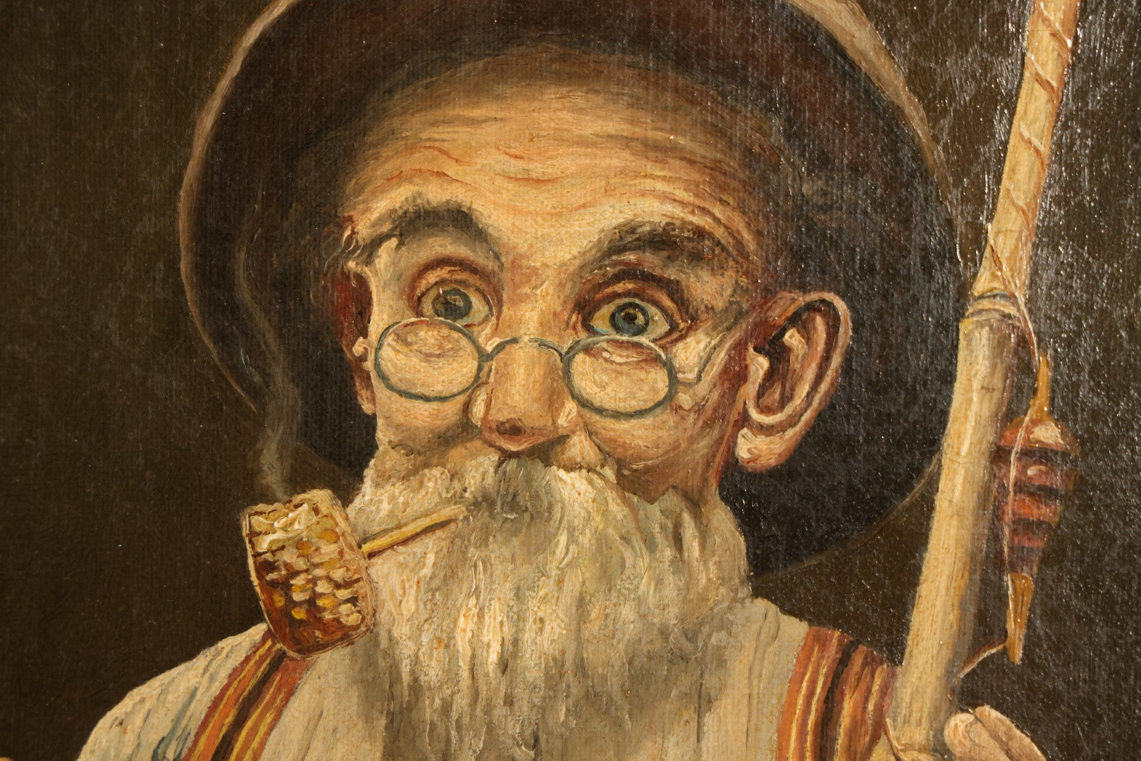 Antique Oil Painting on Canvas, Portrait of an Elderly Fisherman with Pole, Pipe, and Spectacles, Signed H.P.K. Hanson, 1912, Framed