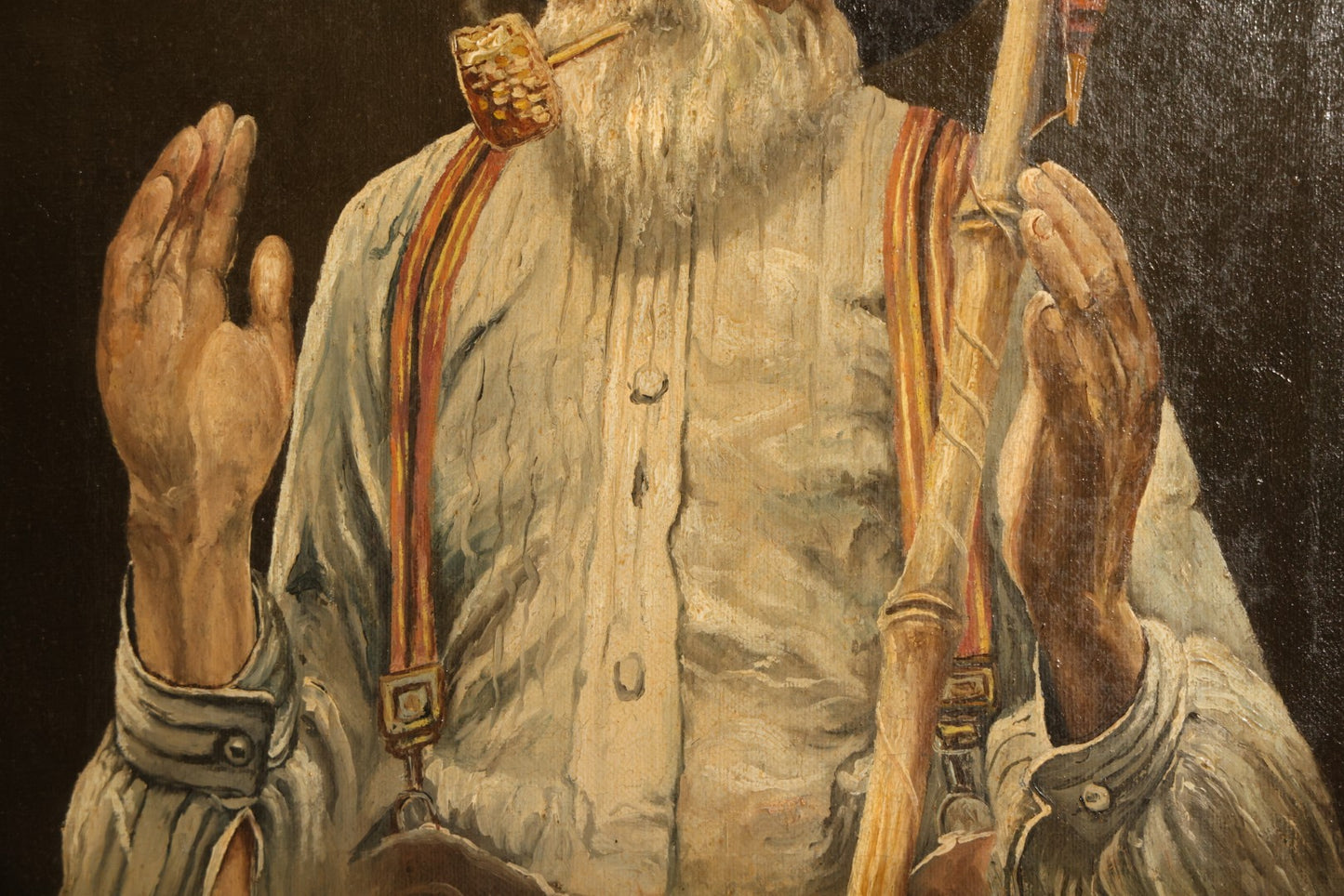 Antique Oil Painting on Canvas, Portrait of an Elderly Fisherman with Pole, Pipe, and Spectacles, Signed H.P.K. Hanson, 1912, Framed